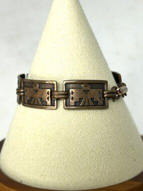 Vtg Solid Copper Bracelet 5.75” Thunderbird Panel Link Native American Look 16.1